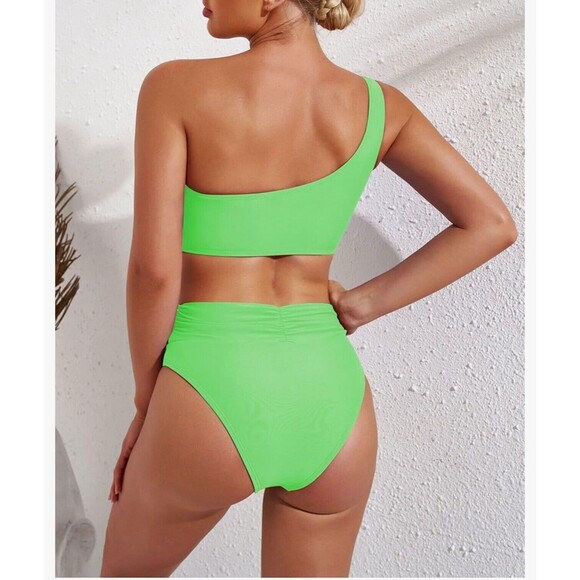 One Shoulder High Waisted Bikini Set Two Piece Tie High Leg Swimsuit green Small - Picture 3 of 13